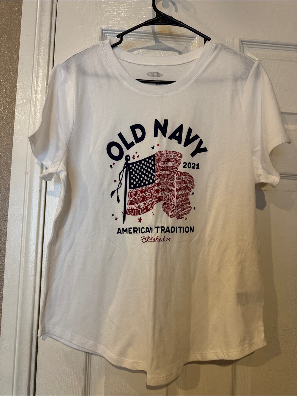Old Navy White Tee with Navy and Red American Flag Graphic